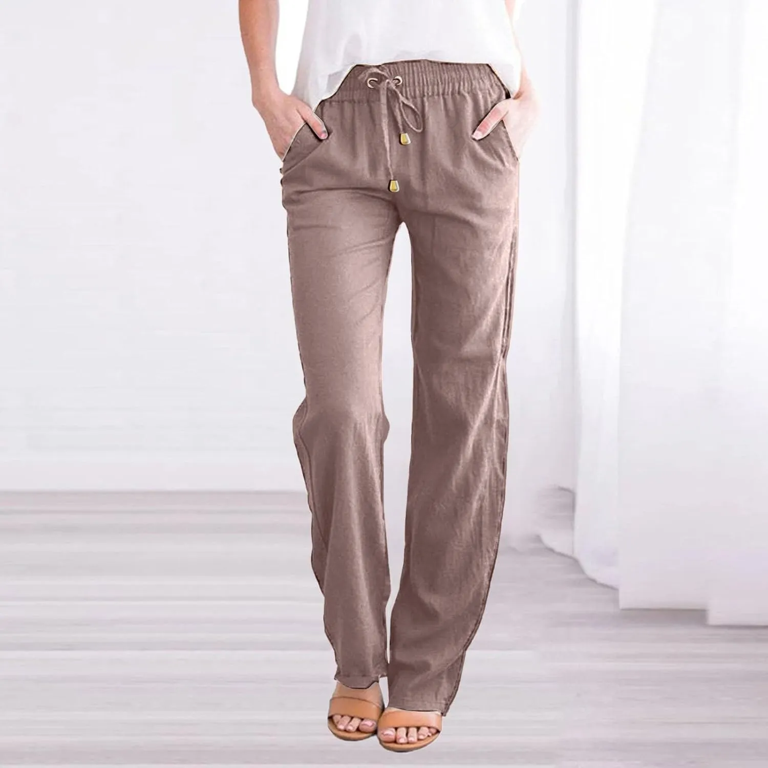 Women's Linen Pants Women's Relax Fit Linen Pants - Lightweight Summer Casual Trousers with Elastic Waist