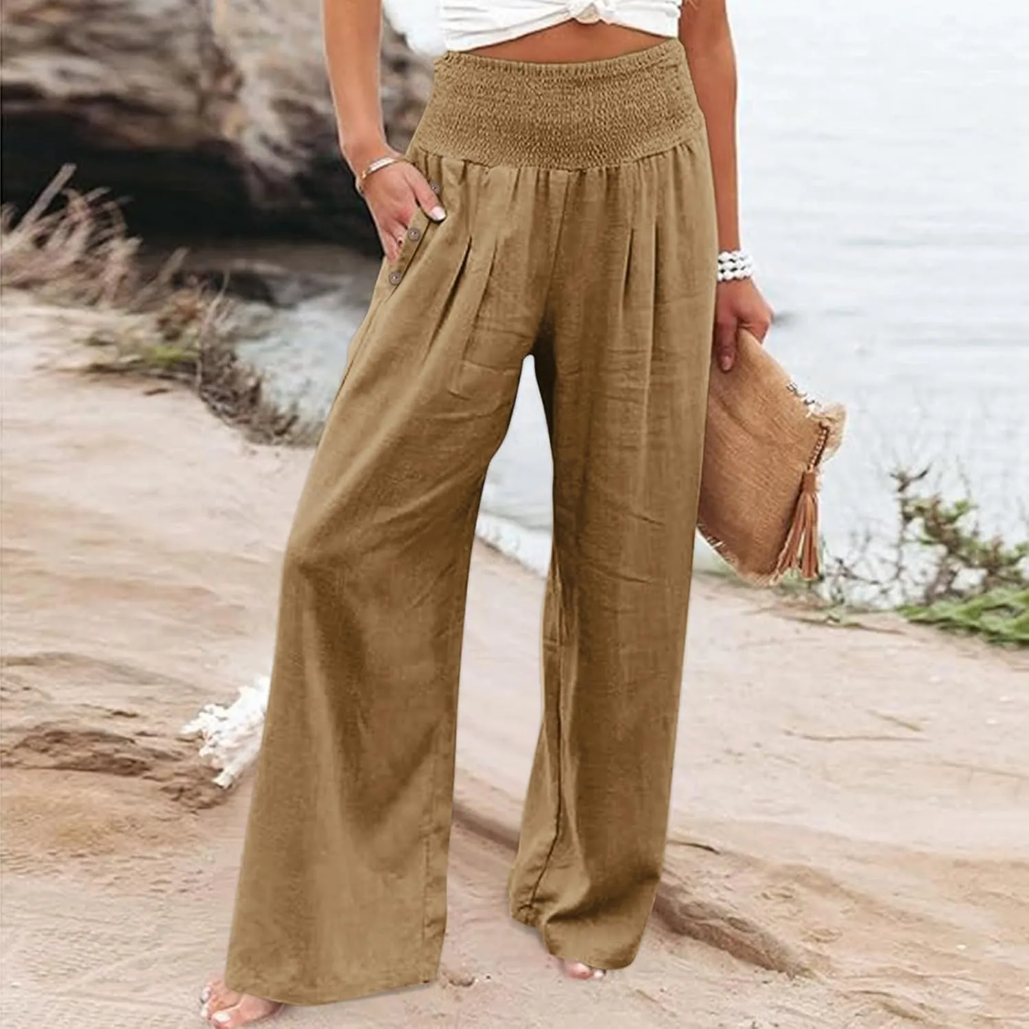 Womens Linen Summer Casual Flowy Pant Trousers High Waist Long Lounge Loose Fit Palazzo Lounge Pants Office
