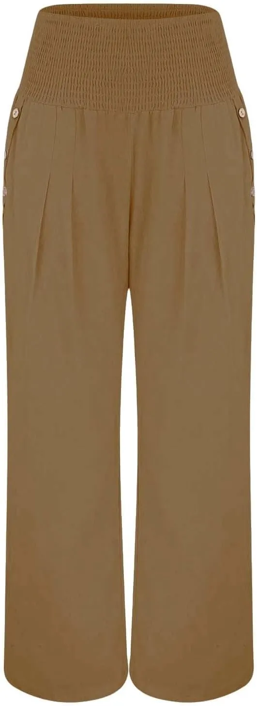 Womens Linen Summer Casual Flowy Pant Trousers High Waist Long Lounge Loose Fit Palazzo Lounge Pants Office