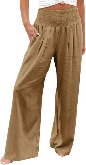 Womens Linen Summer Casual Flowy Pant Trousers High Waist Long Lounge Loose Fit Palazzo Lounge Pants Office