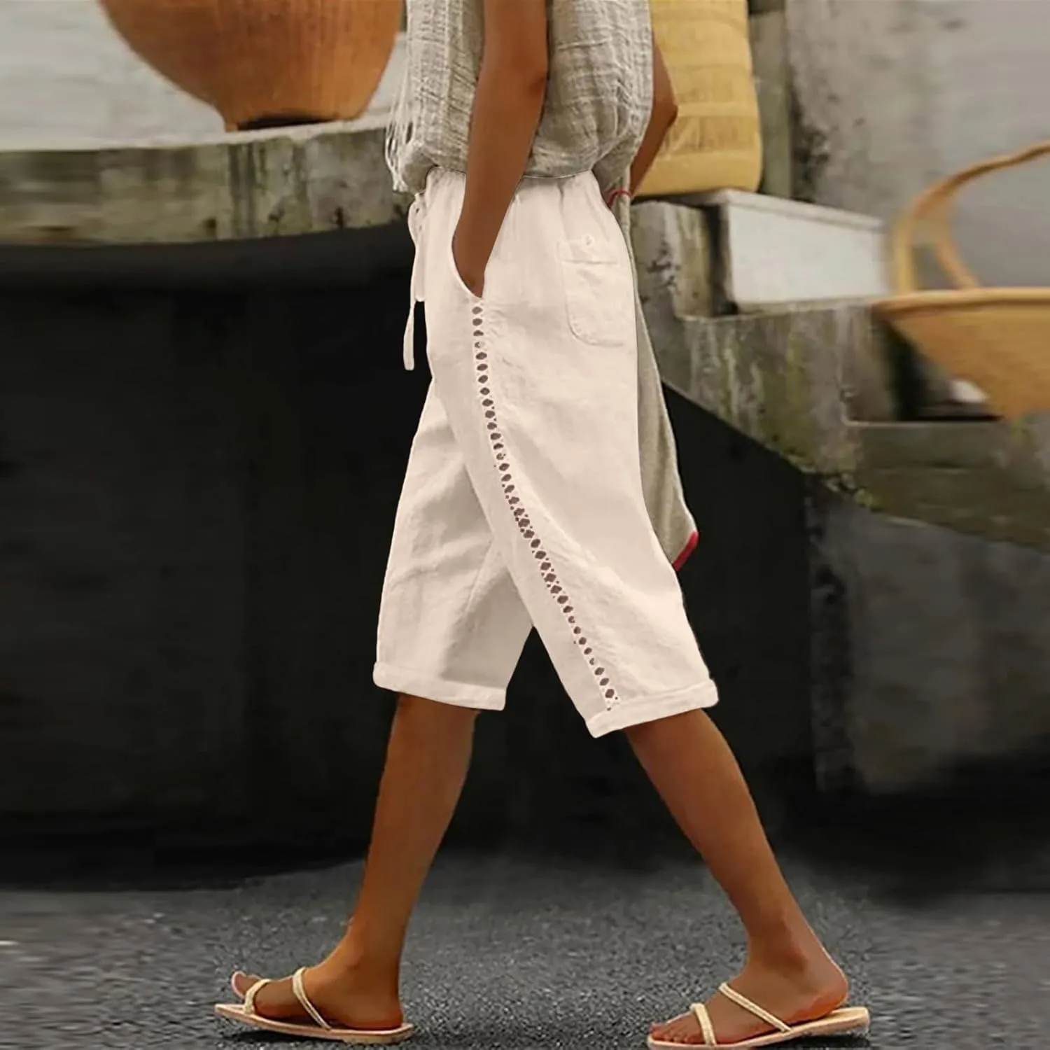 Women's Linen Summer Flowy Palazzo Pants Low Waist Bootcut Slim-Fit Palazzo Pants Work Business