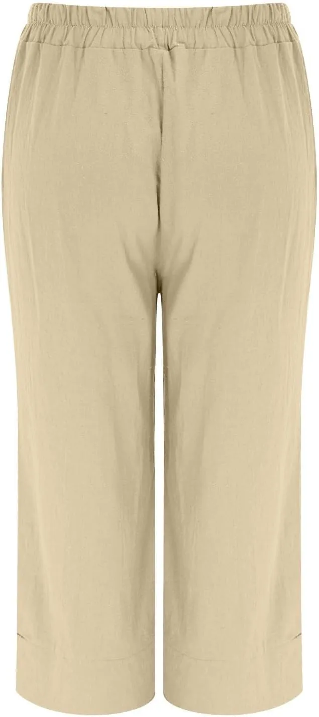 Women's Linen Wide Leg Capri Pants Casual Summer High Waist Flowy Baggy Comfy Straight Leg Yoga Lounge Trousers Beach
