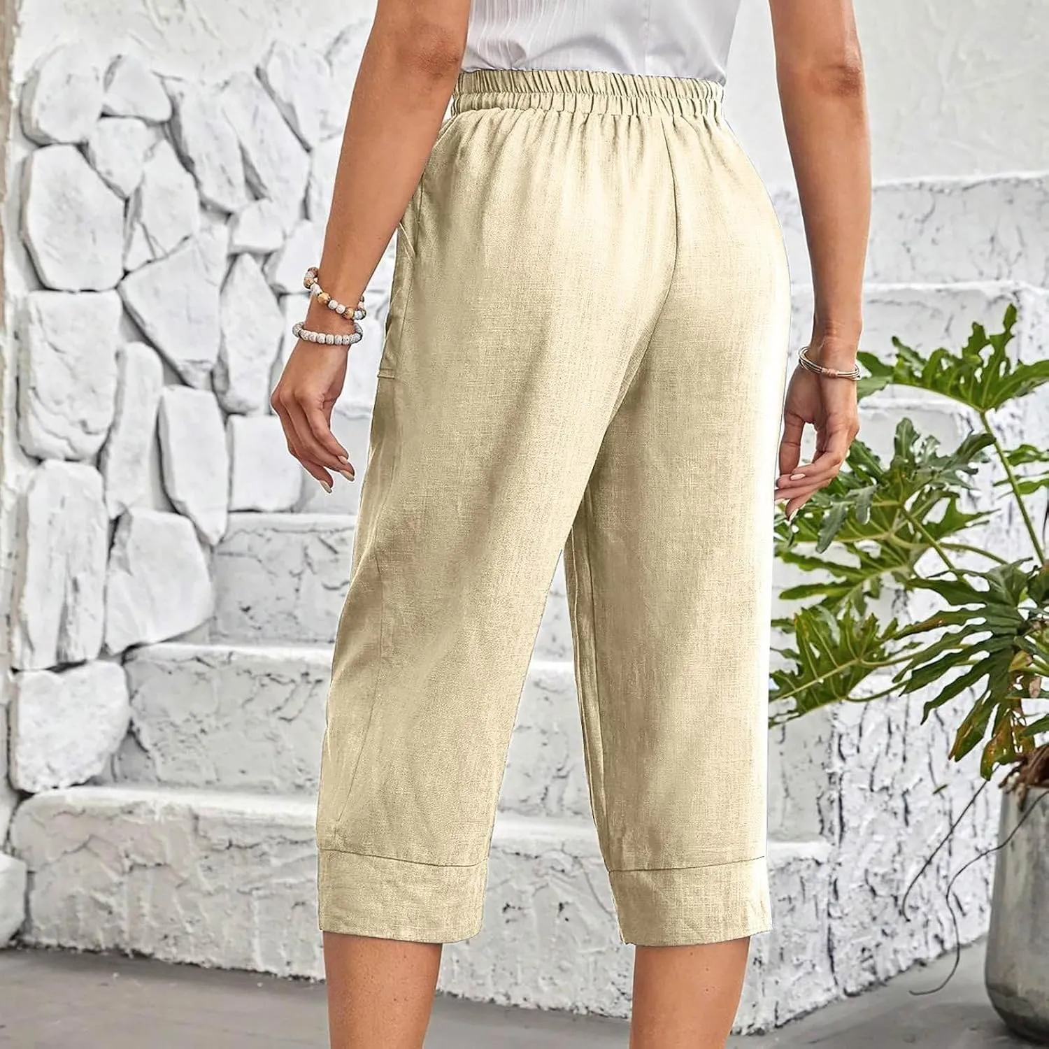 Women's Linen Wide Leg Capri Pants Casual Summer High Waist Flowy Baggy Comfy Straight Leg Yoga Lounge Trousers Beach
