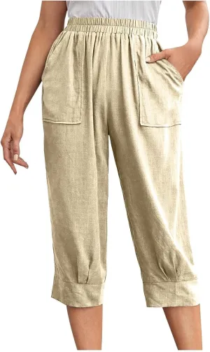 Women's Linen Wide Leg Capri Pants Casual Summer High Waist Flowy Baggy Comfy Straight Leg Yoga Lounge Trousers Beach