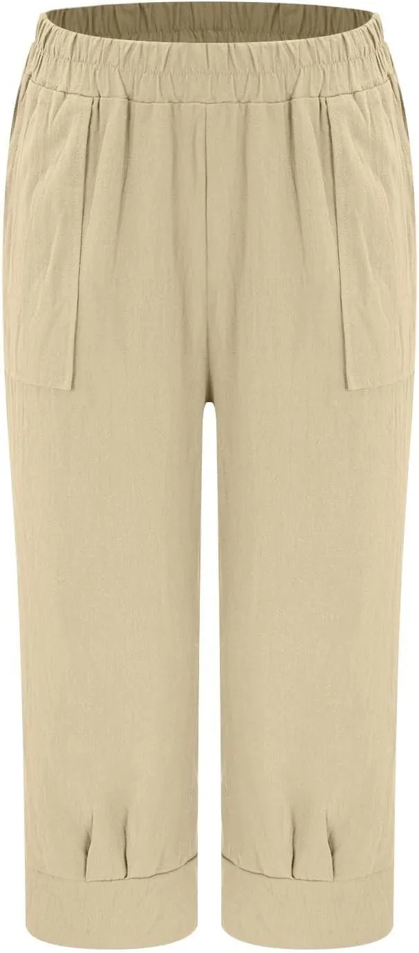 Women's Linen Wide Leg Capri Pants Casual Summer High Waist Flowy Baggy Comfy Straight Leg Yoga Lounge Trousers Beach