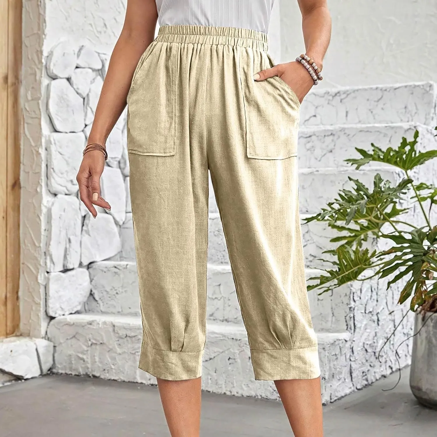 Women's Linen Wide Leg Capri Pants Casual Summer High Waist Flowy Baggy Comfy Straight Leg Yoga Lounge Trousers Beach