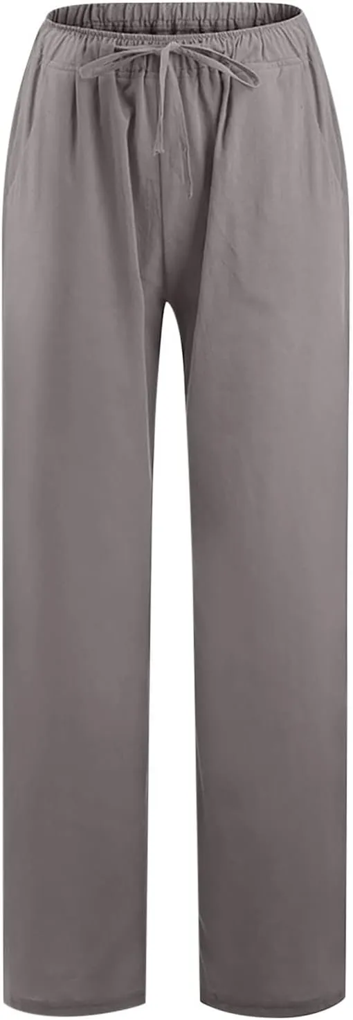Womens Linen Wide Leg Palazzo Pants Casual Loose Drawstring Summer Beach Travel Vacation Harem Pants with Pockets