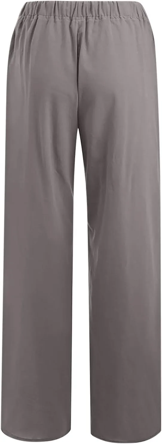 Womens Linen Wide Leg Palazzo Pants Casual Loose Drawstring Summer Beach Travel Vacation Harem Pants with Pockets