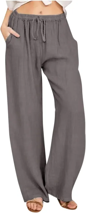 Womens Linen Wide Leg Palazzo Pants Casual Loose Drawstring Summer Beach Travel Vacation Harem Pants with Pockets