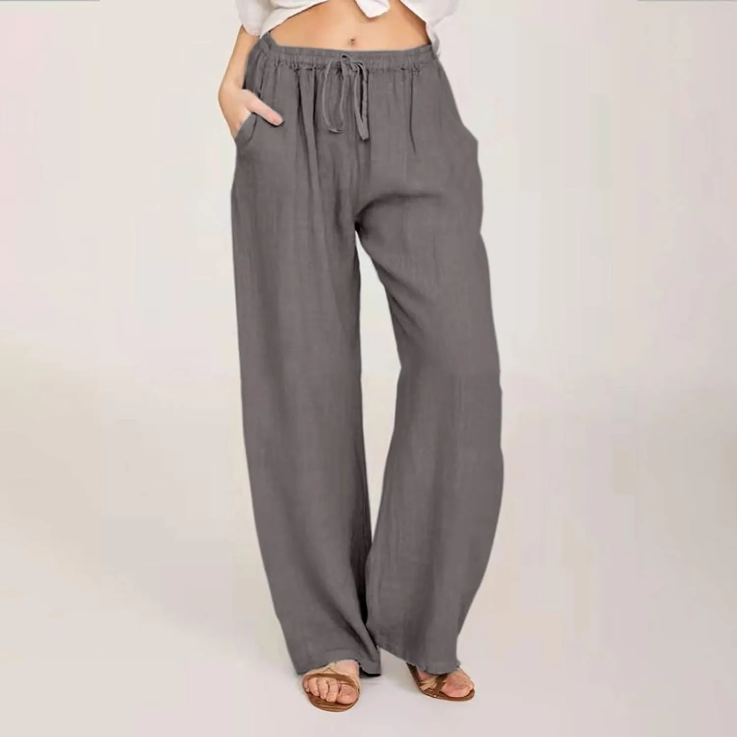 Womens Linen Wide Leg Palazzo Pants Casual Loose Drawstring Summer Beach Travel Vacation Harem Pants with Pockets