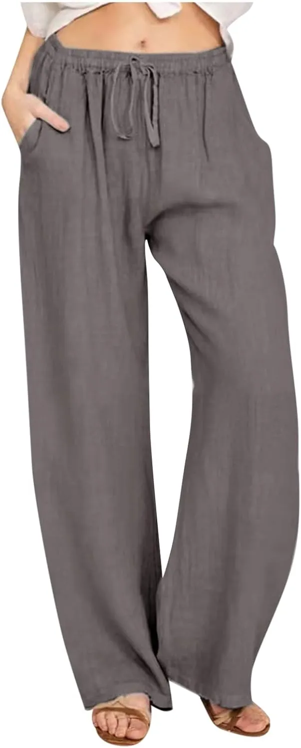 Womens Linen Wide Leg Palazzo Pants Casual Loose Drawstring Summer Beach Travel Vacation Harem Pants with Pockets