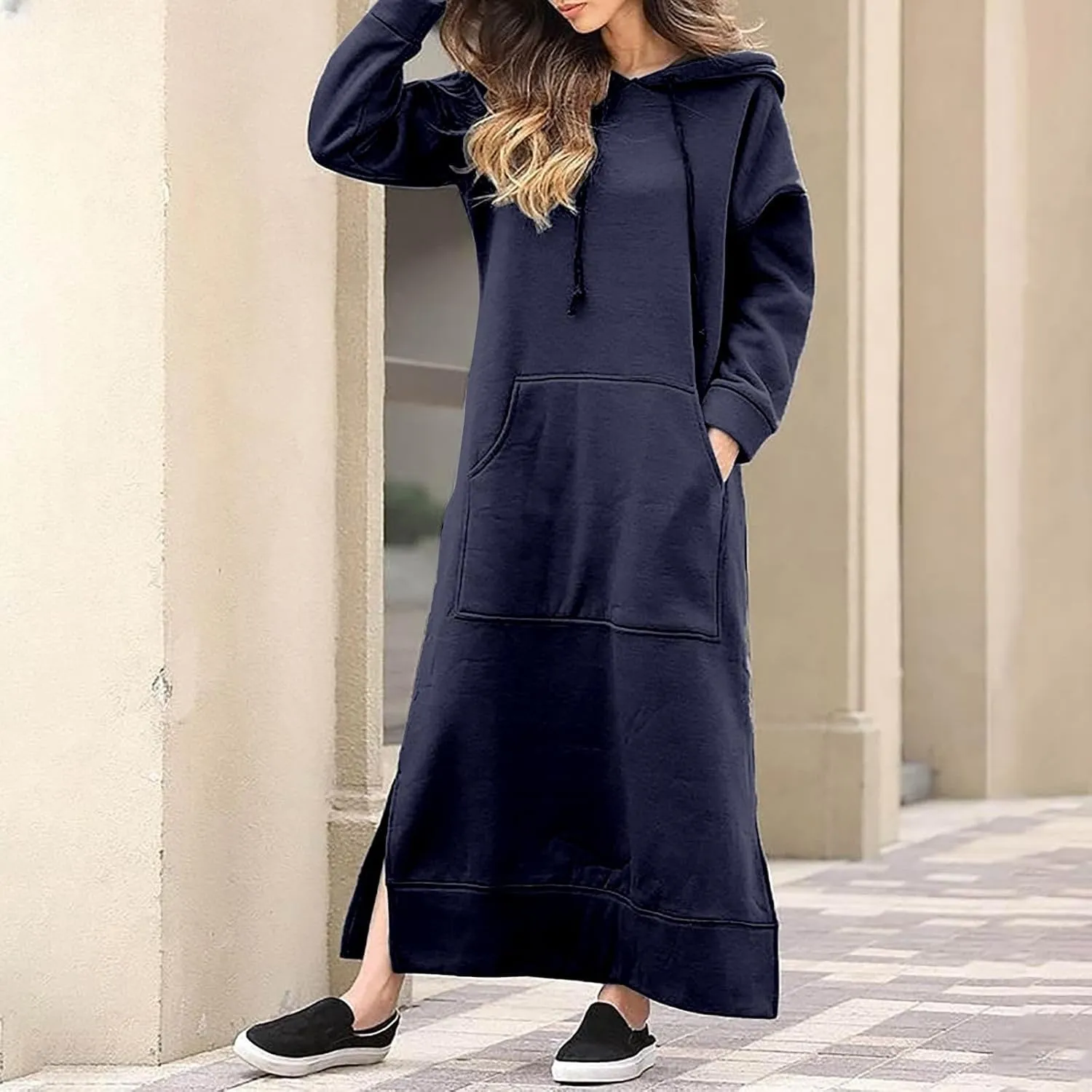 Womens Long Sleeve Hoodies Casual Maxi Length Hooded Dress with Drawstring and Pocket S-5XL