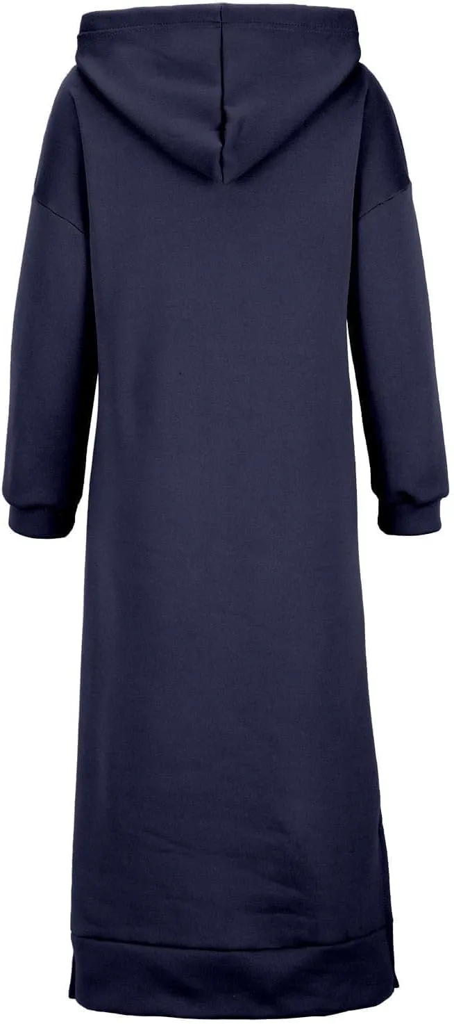 Womens Long Sleeve Hoodies Casual Maxi Length Hooded Dress with Drawstring and Pocket S-5XL