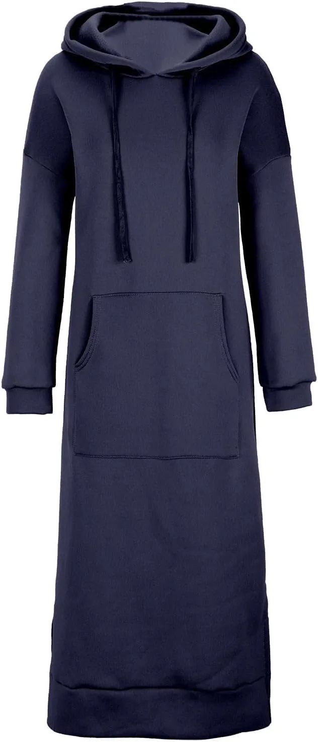Womens Long Sleeve Hoodies Casual Maxi Length Hooded Dress with Drawstring and Pocket S-5XL