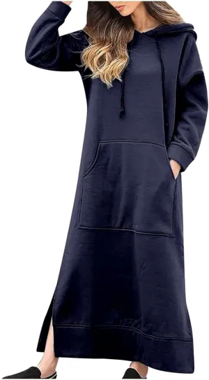 Womens Long Sleeve Hoodies Casual Maxi Length Hooded Dress with Drawstring and Pocket S-5XL