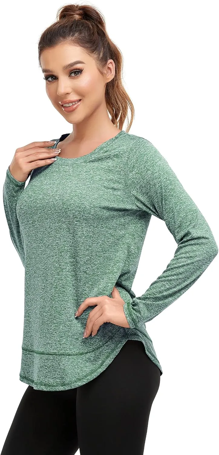 Women's Long Sleeve Workout Shirts Crewneck Sports Yoga Running Dry Fit Tops Side Split Tee