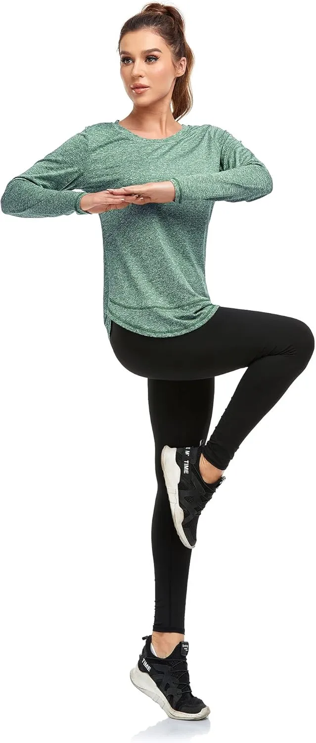 Women's Long Sleeve Workout Shirts Crewneck Sports Yoga Running Dry Fit Tops Side Split Tee