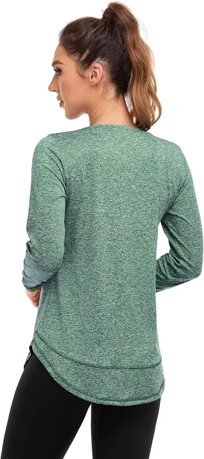 Women's Long Sleeve Workout Shirts Crewneck Sports Yoga Running Dry Fit Tops Side Split Tee
