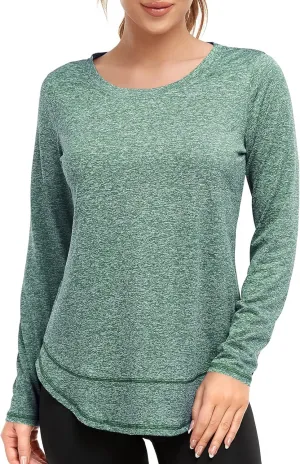 Women's Long Sleeve Workout Shirts Crewneck Sports Yoga Running Dry Fit Tops Side Split Tee