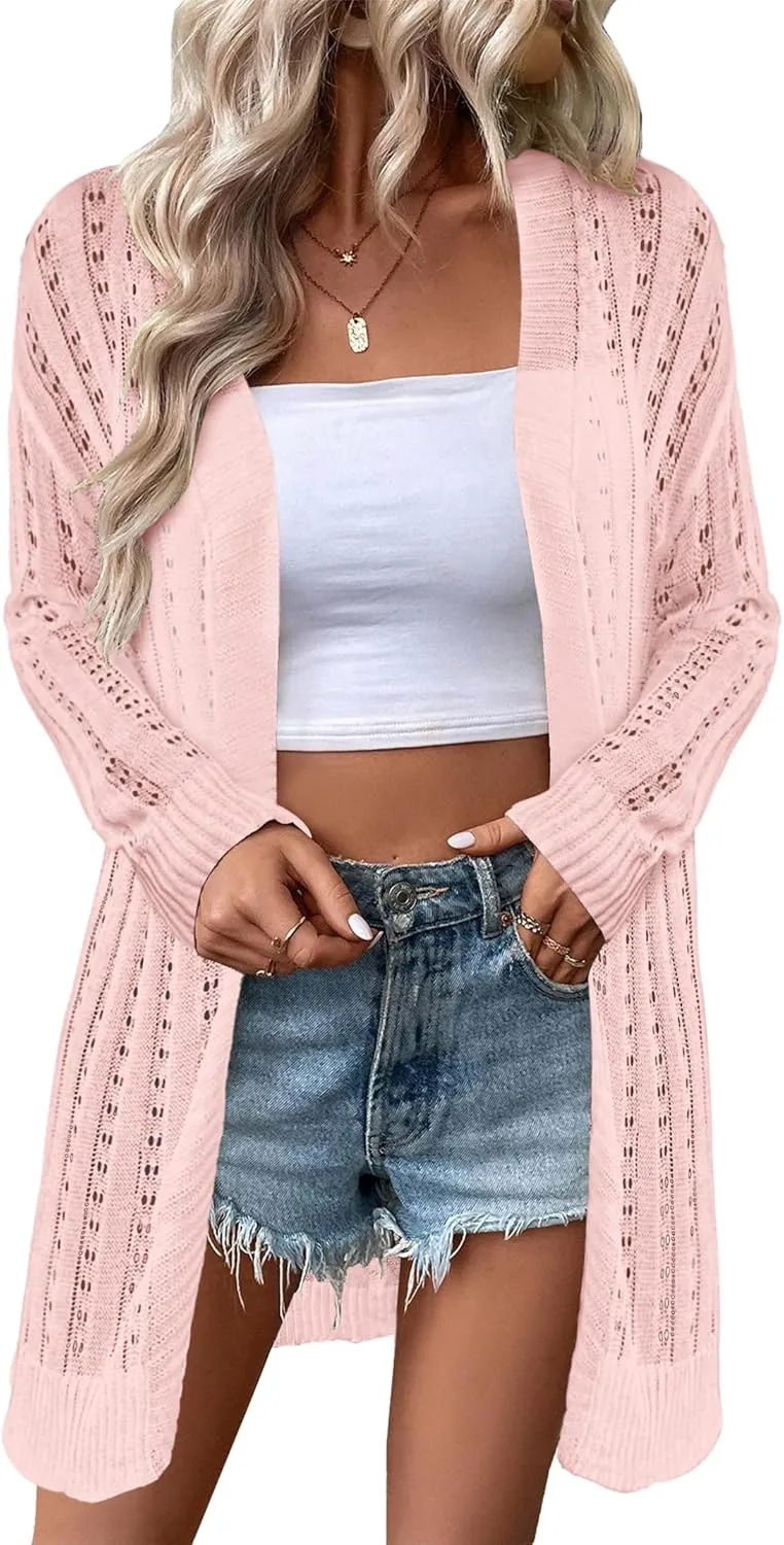 Womens Open Front Lightweight Cardigan Sweaters Crochet Long Sleeve Cardigans Summer Boho Beach Swimsuit Cover Up