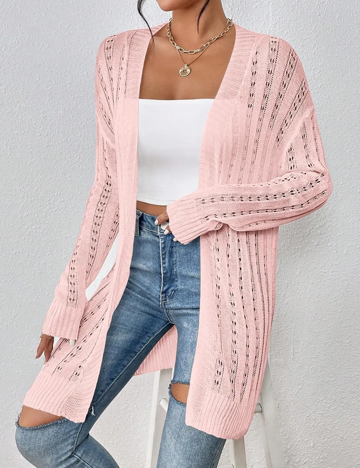 Womens Open Front Lightweight Cardigan Sweaters Crochet Long Sleeve Cardigans Summer Boho Beach Swimsuit Cover Up