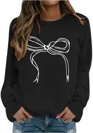 Womens Oversized Crewneck Sweatshirt Hoodies Women Cute Bow Graphic Sweatshirts Long Sleeve Fleece Pullover Bow Sweater Y2k