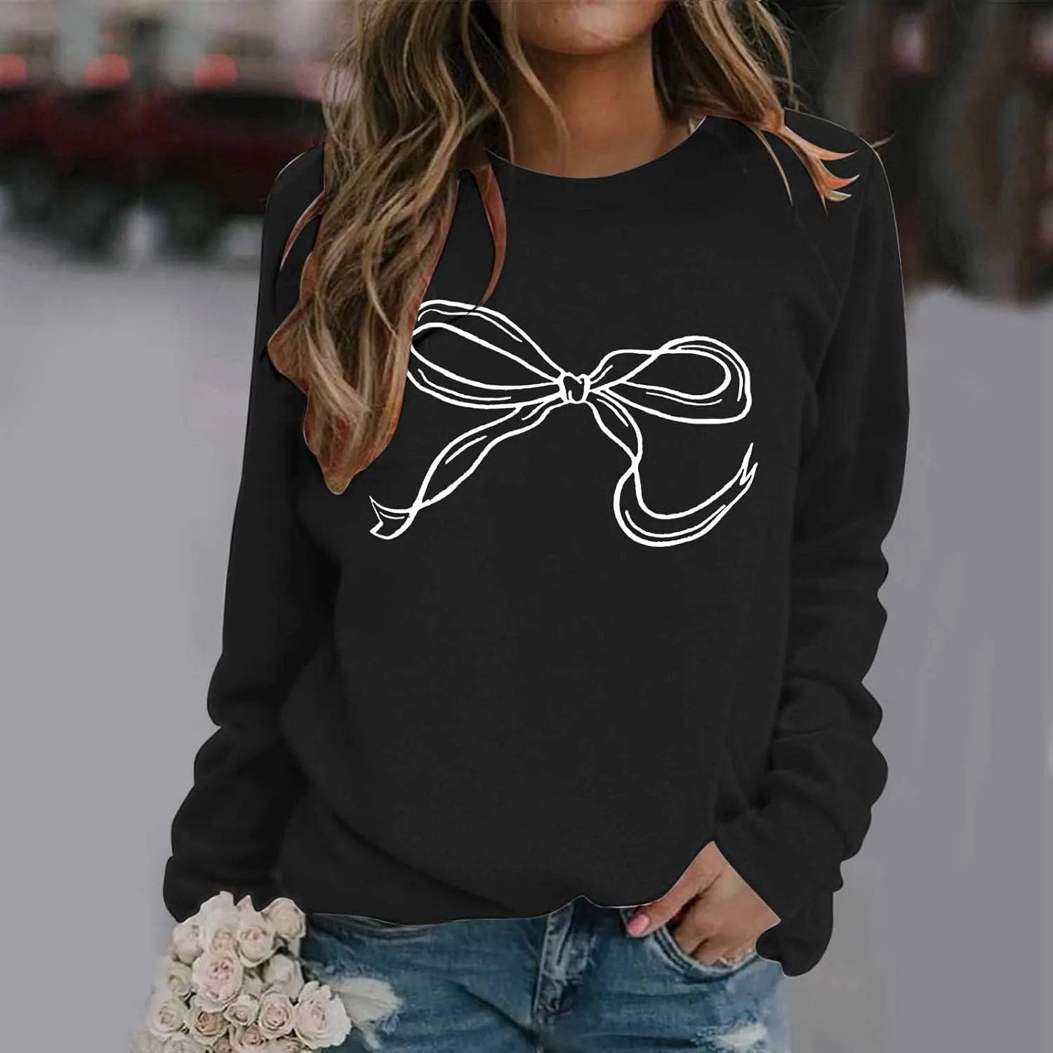 Womens Oversized Crewneck Sweatshirt Hoodies Women Cute Bow Graphic Sweatshirts Long Sleeve Fleece Pullover Bow Sweater Y2k
