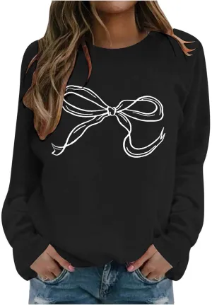Womens Oversized Crewneck Sweatshirt Hoodies Women Cute Bow Graphic Sweatshirts Long Sleeve Fleece Pullover Bow Sweater Y2k
