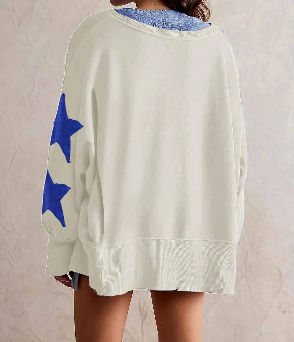 Womens Oversized Crewneck Sweatshirt Y2k Striped Star Long Sleeve Side Slit Pullover Sweatshirt Teen Girl Aesthetic