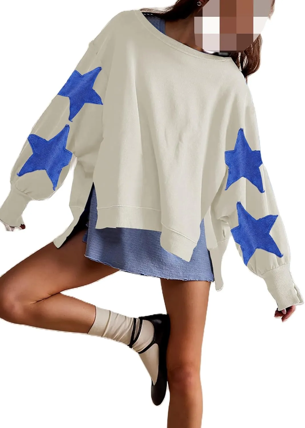 Womens Oversized Crewneck Sweatshirt Y2k Striped Star Long Sleeve Side Slit Pullover Sweatshirt Teen Girl Aesthetic