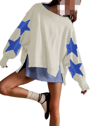 Womens Oversized Crewneck Sweatshirt Y2k Striped Star Long Sleeve Side Slit Pullover Sweatshirt Teen Girl Aesthetic