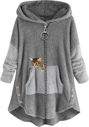 Women's Oversized Zip Up Sherpa Hoodie Fuzzy Fleece Jacket Cat Kitty Print Lightweight Faux Shearling A Line Teddy Coat