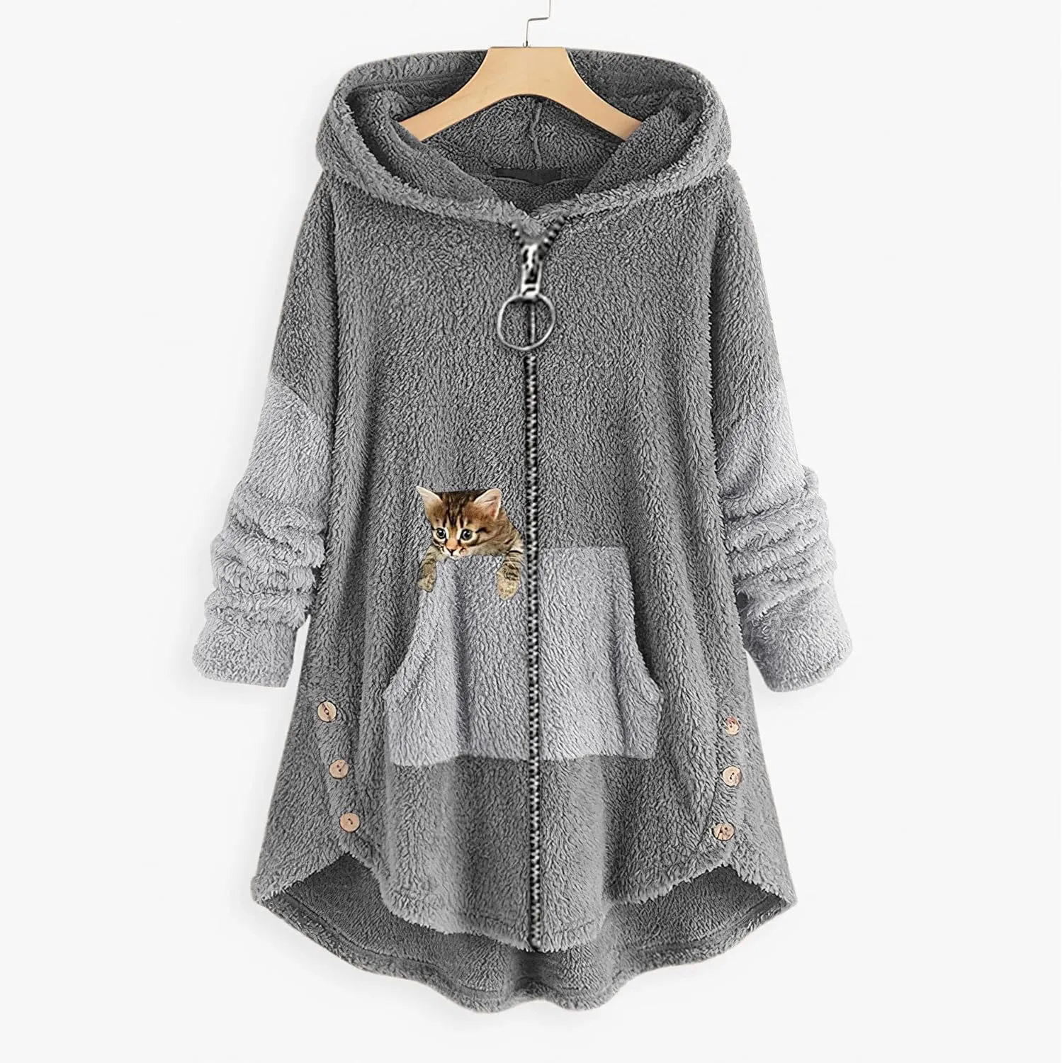 Women's Oversized Zip Up Sherpa Hoodie Fuzzy Fleece Jacket Cat Kitty Print Lightweight Faux Shearling A Line Teddy Coat
