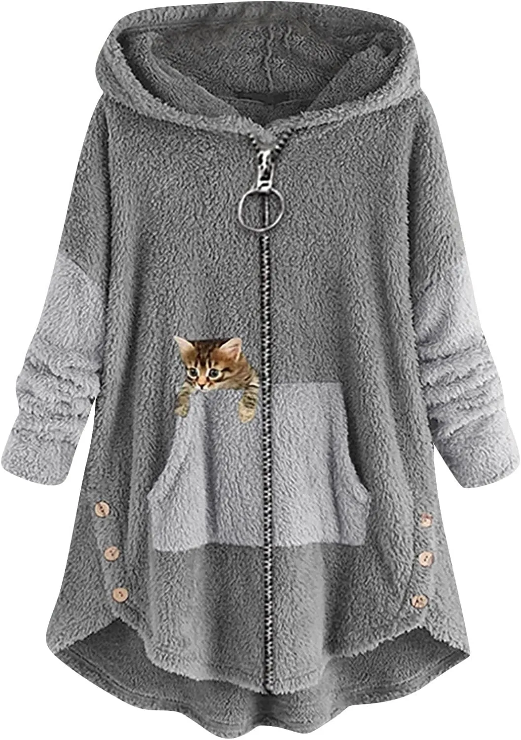 Women's Oversized Zip Up Sherpa Hoodie Fuzzy Fleece Jacket Cat Kitty Print Lightweight Faux Shearling A Line Teddy Coat