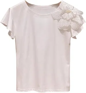Women's Plus Size 3D Flower Short Sleeve T-Shirt Crew Neck Summer Tee Shirts Top