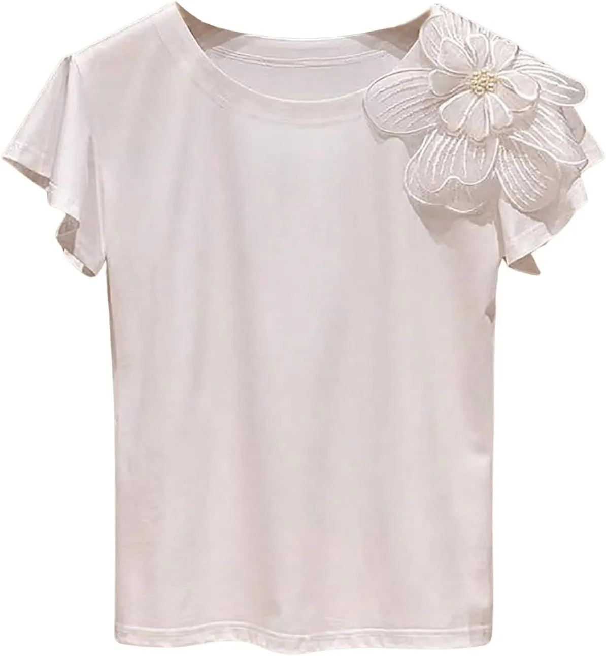 Women's Plus Size 3D Flower Short Sleeve T-Shirt Crew Neck Summer Tee Shirts Top