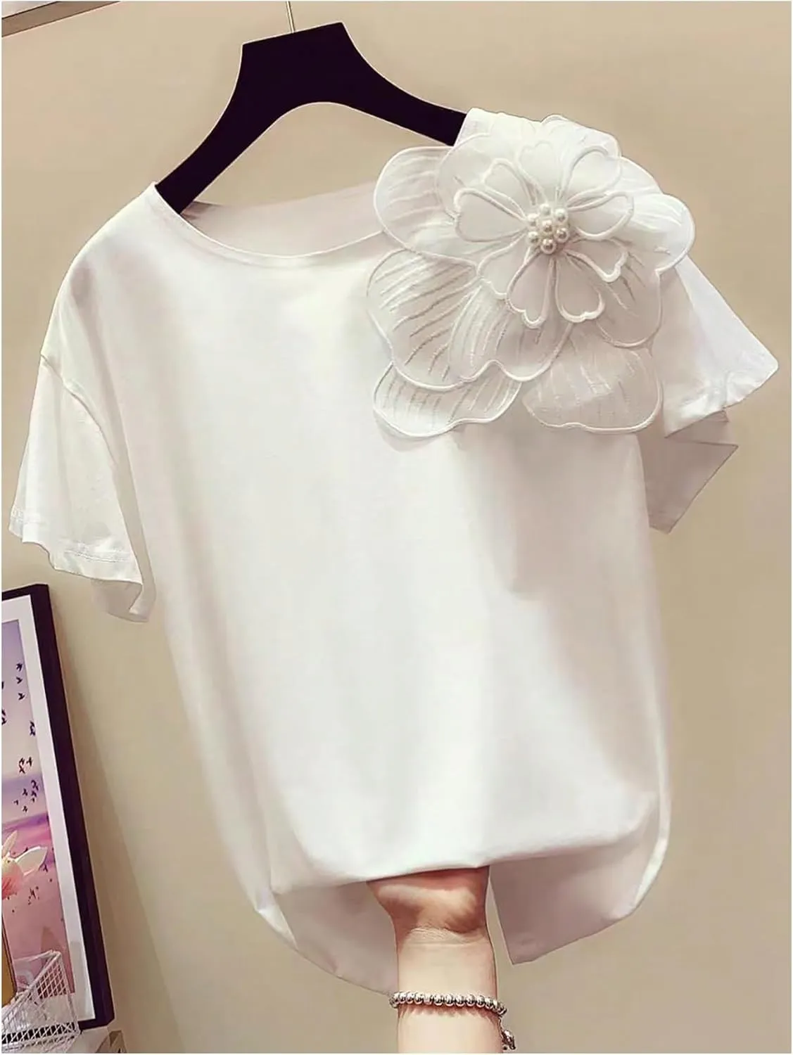 Women's Plus Size 3D Flower Short Sleeve T-Shirt Crew Neck Summer Tee Shirts Top