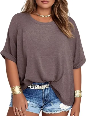 Womens Plus Size Summer Tops Oversized Half Sleeve Crew Neck T Shirts Loose Fit Tee Top Flowy Casual Blouses XL-5XL