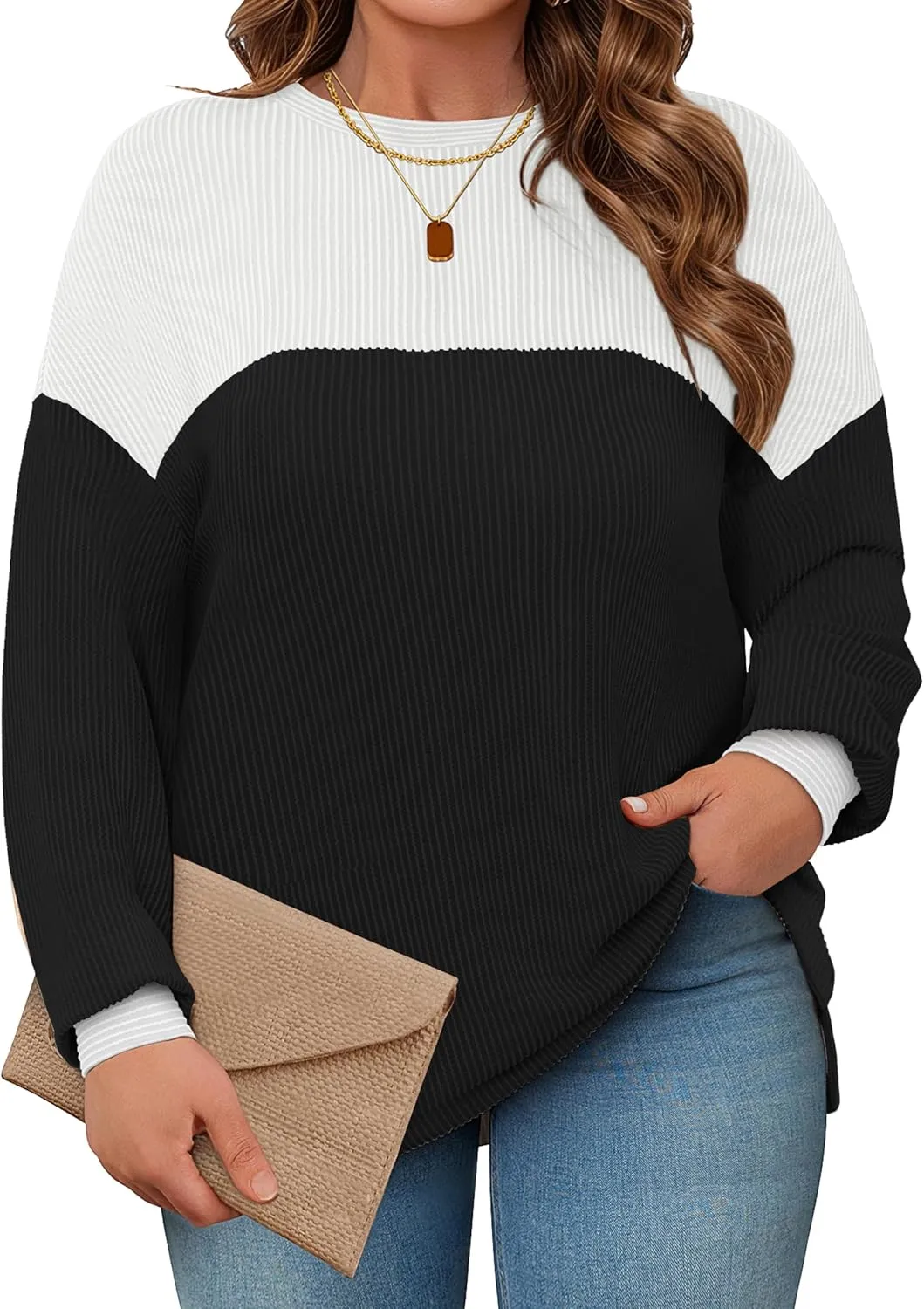 Womens Plus Size Sweatshirt Color Block Side Split Long Sleeve Crewneck Casual Loose Pullover Shirt Top
