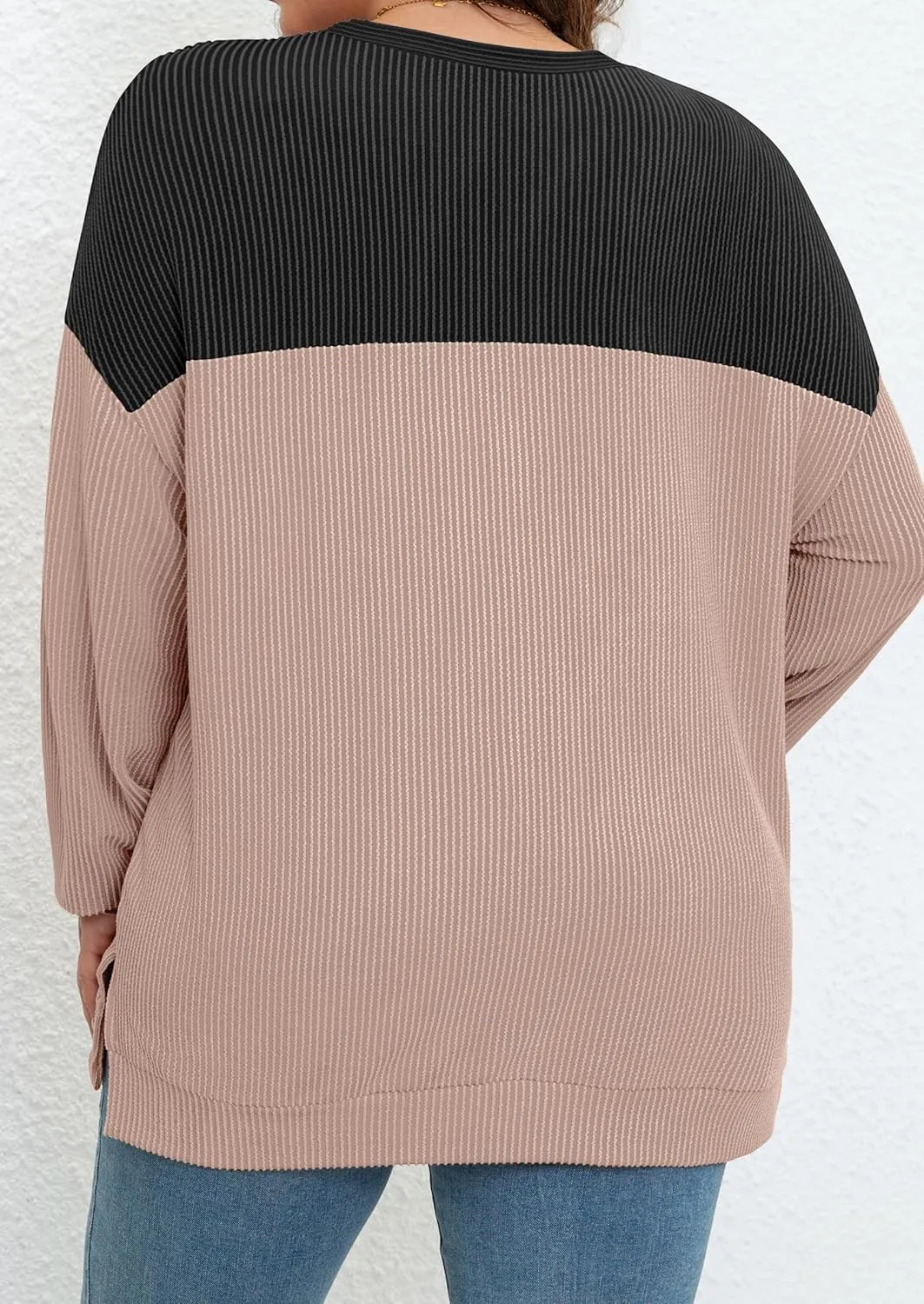 Womens Plus Size Sweatshirt Color Block Side Split Long Sleeve Crewneck Casual Loose Pullover Shirt Top
