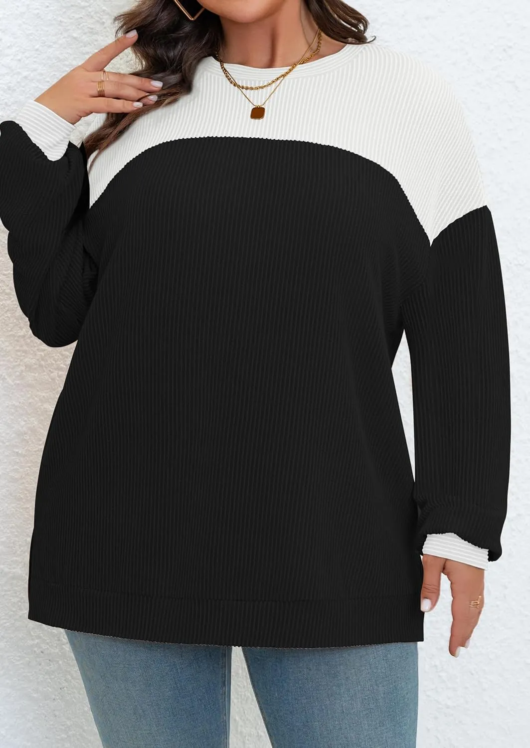 Womens Plus Size Sweatshirt Color Block Side Split Long Sleeve Crewneck Casual Loose Pullover Shirt Top