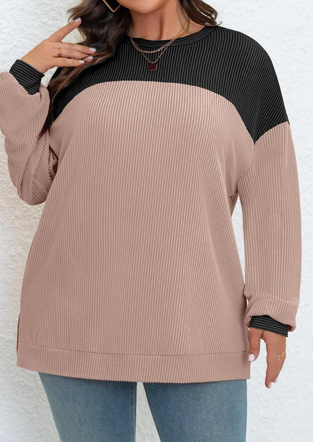 Womens Plus Size Sweatshirt Color Block Side Split Long Sleeve Crewneck Casual Loose Pullover Shirt Top