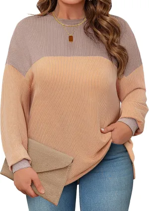 Womens Plus Size Sweatshirt Color Block Side Split Long Sleeve Crewneck Casual Loose Pullover Shirt Top