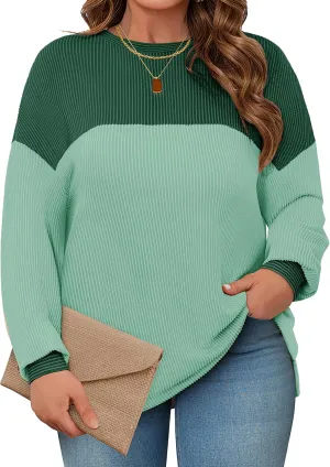 Womens Plus Size Sweatshirt Color Block Side Split Long Sleeve Crewneck Casual Loose Pullover Shirt Top