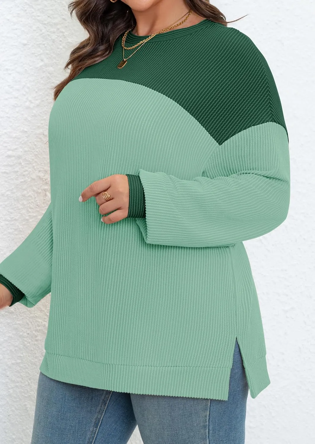Womens Plus Size Sweatshirt Color Block Side Split Long Sleeve Crewneck Casual Loose Pullover Shirt Top