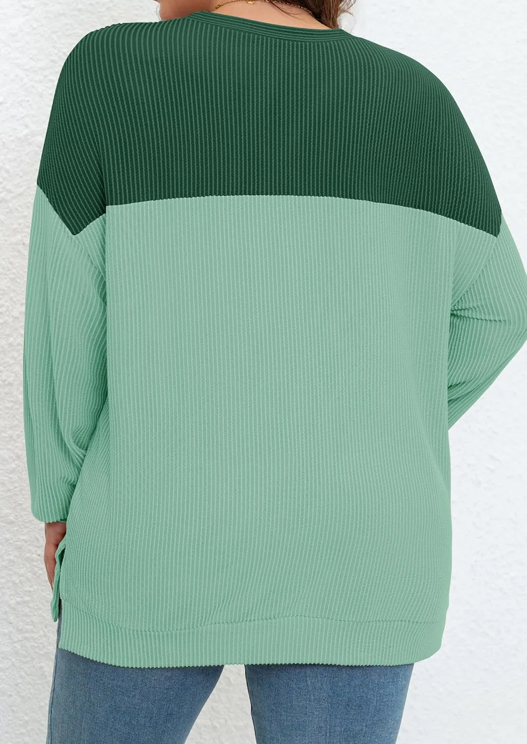 Womens Plus Size Sweatshirt Color Block Side Split Long Sleeve Crewneck Casual Loose Pullover Shirt Top