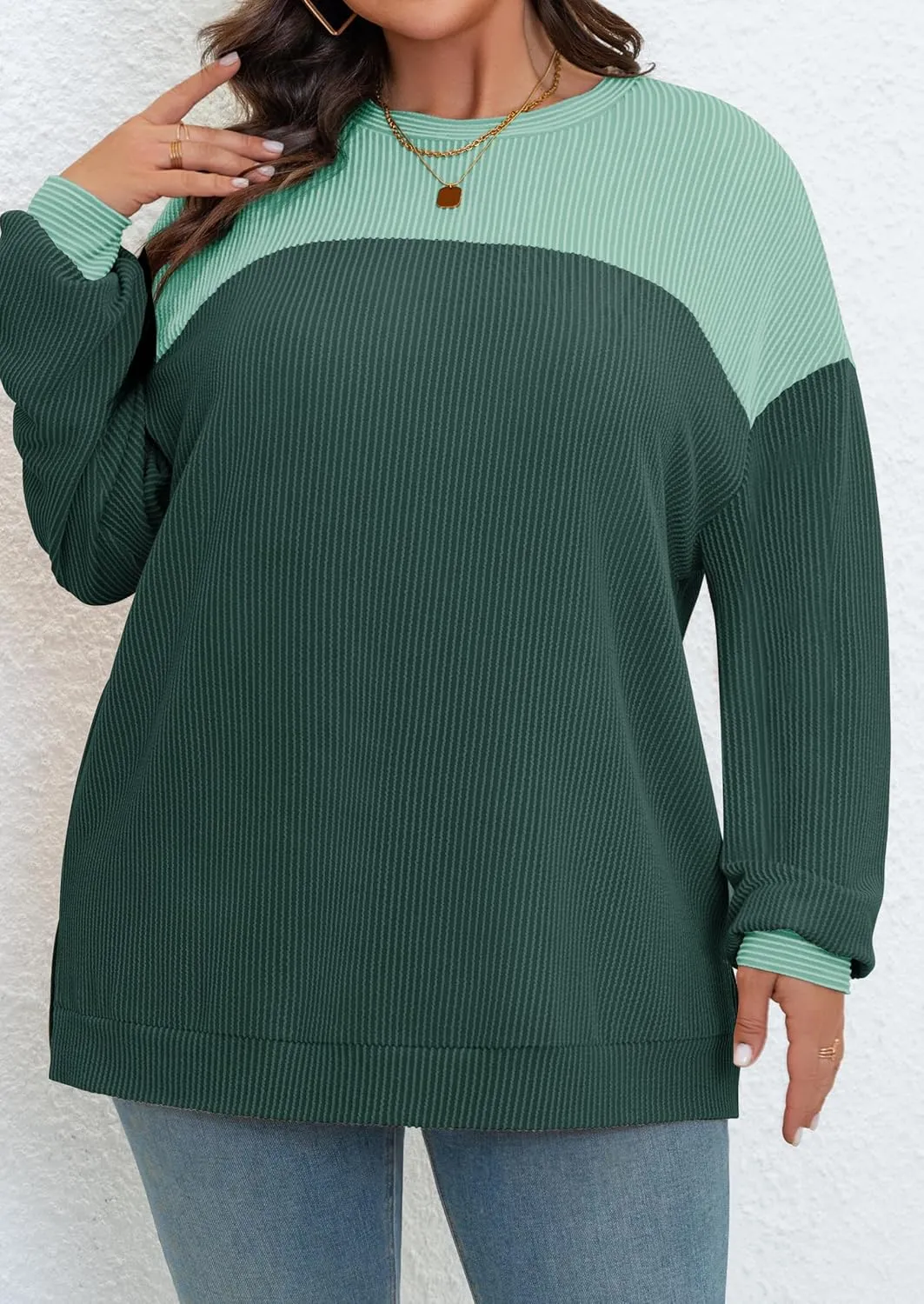 Womens Plus Size Sweatshirt Color Block Side Split Long Sleeve Crewneck Casual Loose Pullover Shirt Top