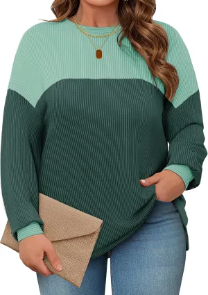 Womens Plus Size Sweatshirt Color Block Side Split Long Sleeve Crewneck Casual Loose Pullover Shirt Top