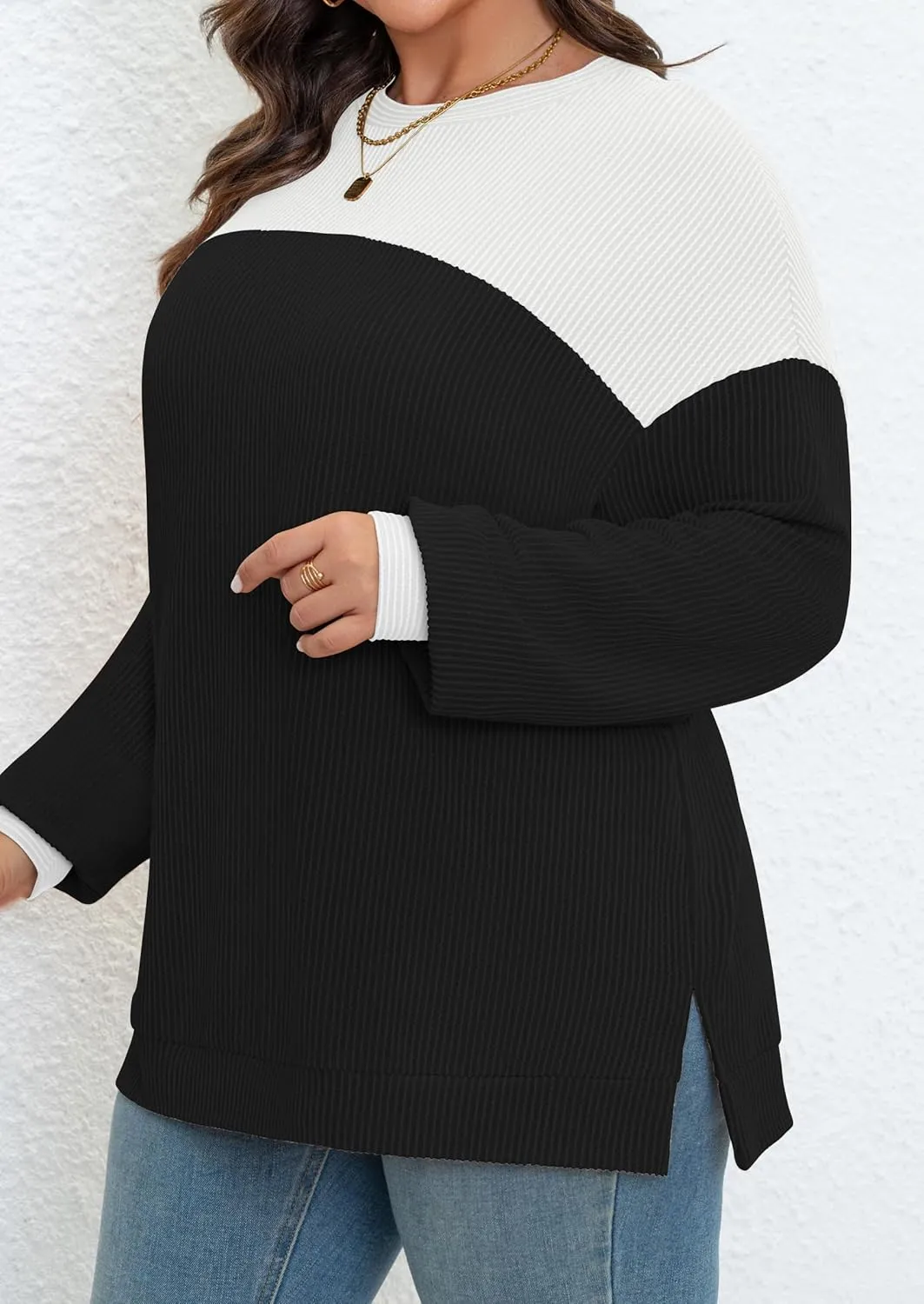 Womens Plus Size Sweatshirt Color Block Side Split Long Sleeve Crewneck Casual Loose Pullover Shirt Top