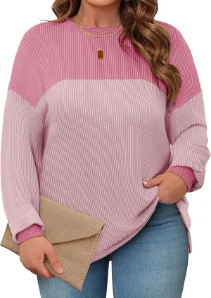 Womens Plus Size Sweatshirt Color Block Side Split Long Sleeve Crewneck Casual Loose Pullover Shirt Top